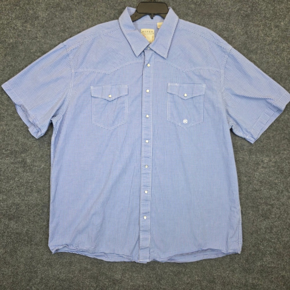 Roper Western Shirt Mens 3XL Blue Gingham Pearl Snap Short Sleeve Cotton Rodeo
